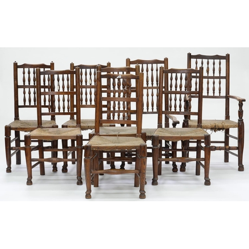 551 - EIGHT VICTORIAN RUSH SEATED ASH SPINDLE DINING CHAIRS, NORTH WEST REGION, INCLUDING TWO ELBOW CHAIRS