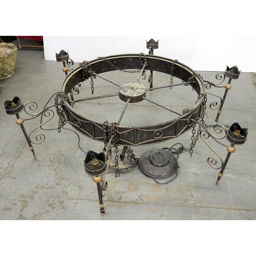 554 - A GOTHIC STYLE WROUGHT IRON TWELVE BRANCH CHANDELIER OF UNUSUAL SIZE, APPROXIMATELY 240CM D X 110CM ... 