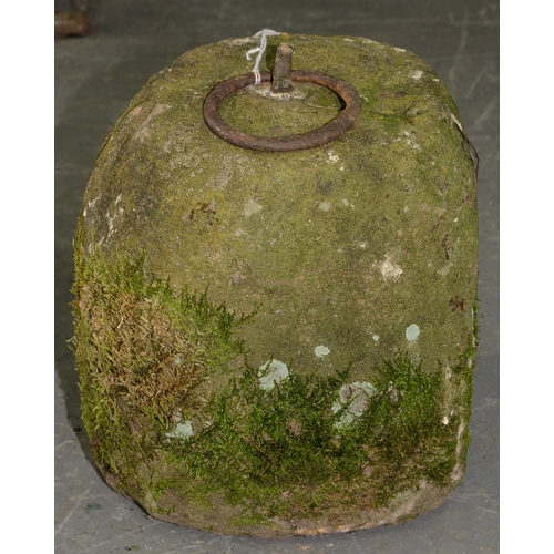 561 - A VICTORIAN GRIT STONE WEIGHT MOUNTED WITH AN IRON RING, 26CM H X 22CM W