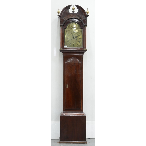 573 - A VICTORIAN MAHOGANY EIGHT DAY LONGCASE CLOCK, THE HOOD WITH FRETWORK DECORATION, THE BRASS DIAL INS... 