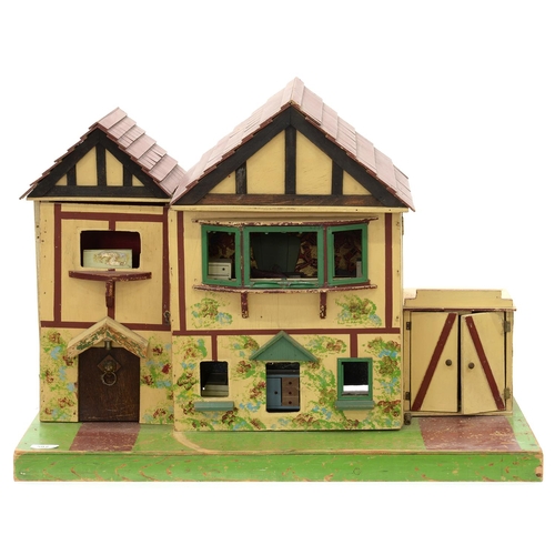 582 - A PAINTED WOOD FRONT OPENING GEORGIAN STYLE DOLL'S HOUSE, WITH FURNITURE AND ACCESSORIES, 48CM H; 73... 