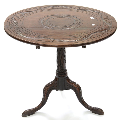 584 - A VICTORIAN CARVED OAK TILT TOP TRIPOD TABLE, 69CM H X 73CM D 