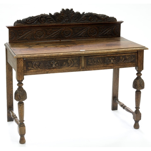 593 - A VICTORIAN CARVED OAK SIDE TABLE, 100CM H; 107 X 49CM