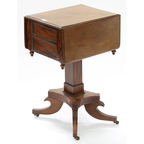 594 - A REGENCY MAHOGANY WORK TABLE ON PEDESTAL BASE AND BRASS CASTORS, 72CM H; 38 X 47CM