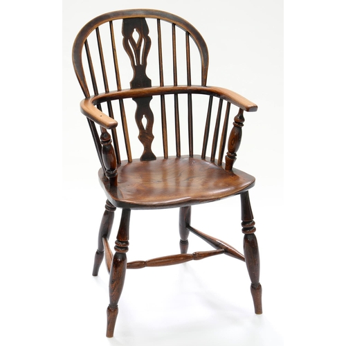 597 - A VICTORIAN ASH LOW BACK WINDSOR CHAIR WITH ELM SEAT, EAST MIDLANDS REGION