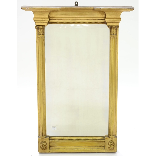 600 - A REGENCY GILTWOOD AND COMPOSITION PIER MIRROR WITH PILASTERS, 80CM H X 56CM W