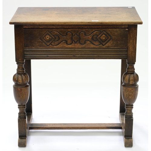 612 - A VICTORIAN CARVED OAK SIDE TABLE ON STRETCHER BASE, 80CM H; 77 X 45CM