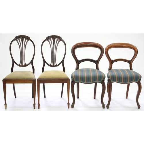 613 - A PAIR OF VICTORIAN MAHOGANY KIDNEY BACK DINING CHAIRS AND A PAIR OF CARVED MAHOGANY DINING CHAIRS O... 