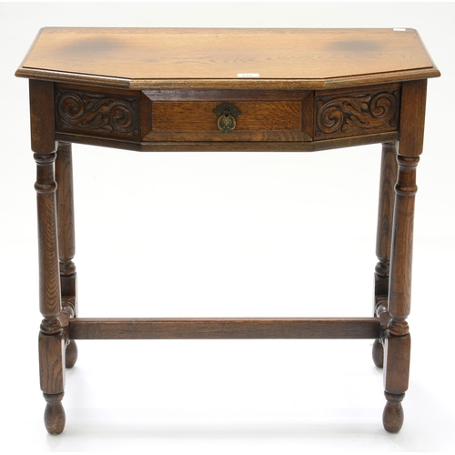 615 - A VICTORIAN CARVED OAK SIDE TABLE ON STRETCHER BASE, 77CM H; 76 X 40CM