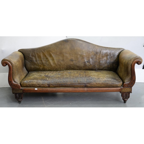 643 - A REGENCY BRASS INLAID ROSEWOOD COUCH COVERED IN GREEN LEATHER, 230CM W