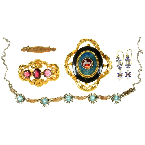 70 - A PAIR OF CONTINENTAL GEM SET SILVER GILT AND ENAMEL PENDANT EARRINGS ON ASSOCIATED GOLD COLOURED ME... 