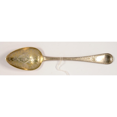 186 - A GEORGE IV SILVER TABLE SPOON, LATER GILT AND ENGRAVED AS A SERVING SPOON, MAKER'S MARK OVERSTRUCK ... 