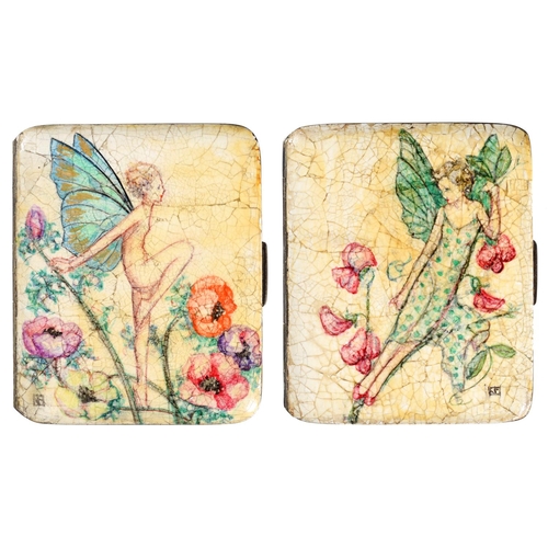 123 - TWO ARTS & CRAFTS EGGSHELL ENAMEL LADY'S CIGARETTE CASES, C 1920  painted with fairies and  anem... 