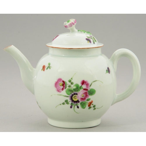 179 - A WORCESTER POLYCHROME TEAPOT AND COVER, C1770 painted with sprays and scattered sprigs, 12cm h... 