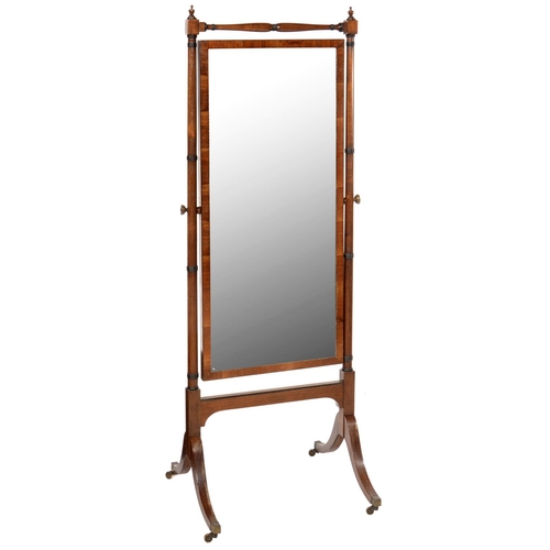 604 - A MAHOGANY CHEVAL MIRROR, C1900  with ring turned frame and brass capped castors, 176cm h,... 