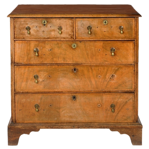 621 - A WALNUT AND FEATHERBANDED CHEST OF DRAWERS,with quarter veneered top and brass drop handles, on bra... 