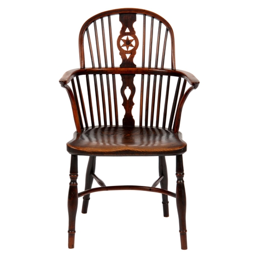 627 - A  YEW WOOD WINDSOR ARMCHAIR, THAMES VALLEY AND CHILTERNS, C1820-40   with fretted fruitwood wheel s... 