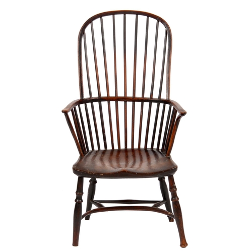 628 - A  YEW WOOD HIGH STICK BACK WINDSOR ARMCHAIR, THAMES VALLEY AND CHILTERNS, C1820-40  with elm seat, ... 