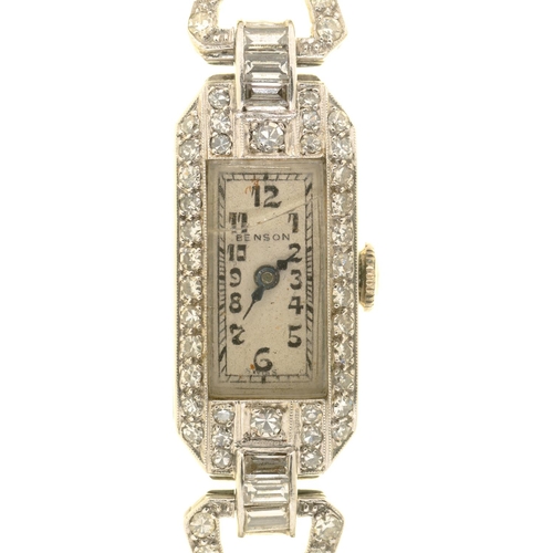 64 - AN ART DECO J W BENSON  DIAMOND COCKTAIL WATCH, C1930  Swiss M.P.G. movement,   platinum case, 72mm ... 