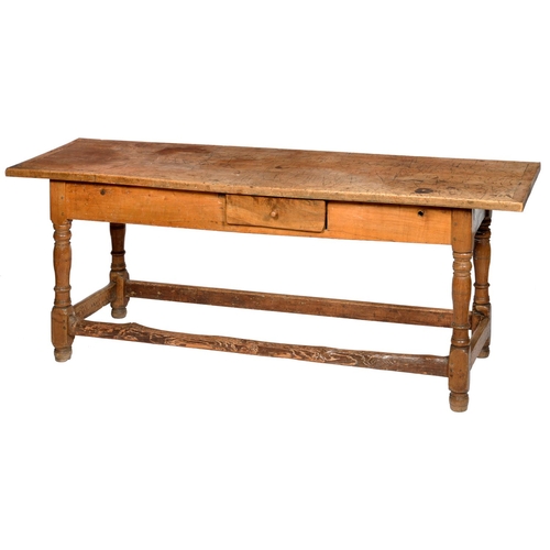 644 -  A FRENCH PINE KITCHEN TABLE, 19TH C the boarded top with cleated ends and fitted with a drawer to o... 