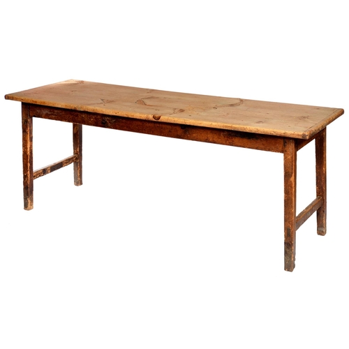 646 - A VICTORIAN PINE FARMHOUSE TABLE  the three plank top with cleated ends on square legs with stretche... 