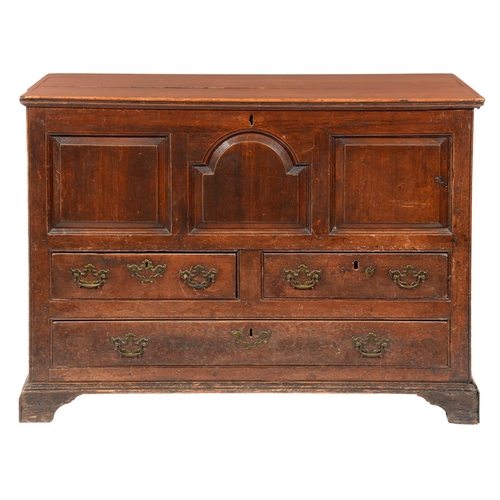 649 - A GEORGE III PINE MULE CHEST, LATE 18TH C  the boarded lid with moulded edge above breakarched or sq... 