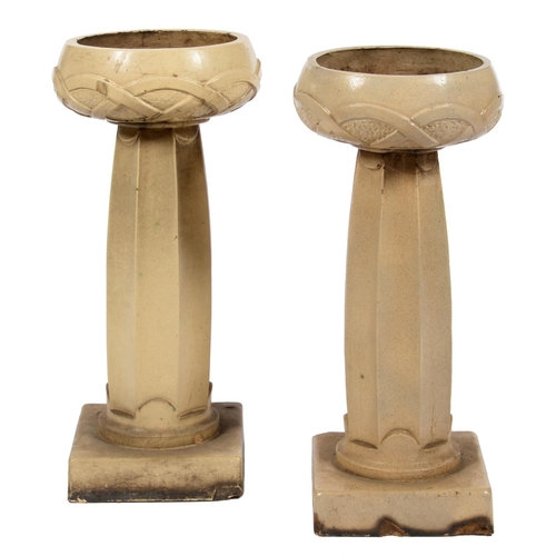 656 - A PAIR OF LEEDS FIRECLAY CO GARDEN VASES, C1912-20   of Lefco ware in mushroom eggshell glaze, the s... 