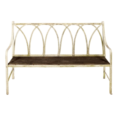 657 - AN ENGLISH WROUGHT IRON GARDEN SEAT, 19TH C  with reeded frame and hoop back, seat height 45cm,  146... 