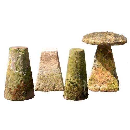 661 - FOUR PYRAMIDAL, ROUND AND OVAL STADDLE STONES AND ONE MUSHROOM, 19TH C  stones 53-63cm h... 