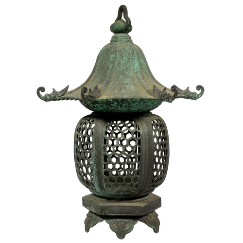 663 - A JAPANESE BRONZE LANTERN, 19TH/EARLY 20TH C  with domed hexagonal top and rounded sides, one hinged... 