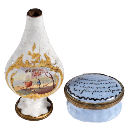 68 - A SOUTH STAFFORDSHIRE ENAMEL SCENT BOTTLE, C1770 painted to either side with a cowman and sheep in g... 