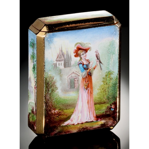 69 - A FRENCH GOLD AND ENAMEL VESTA CASE, EARLY 20TH C painted to all sides except the underside with a l... 