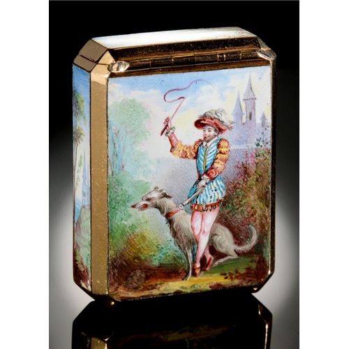 69 - A FRENCH GOLD AND ENAMEL VESTA CASE, EARLY 20TH C painted to all sides except the underside with a l... 