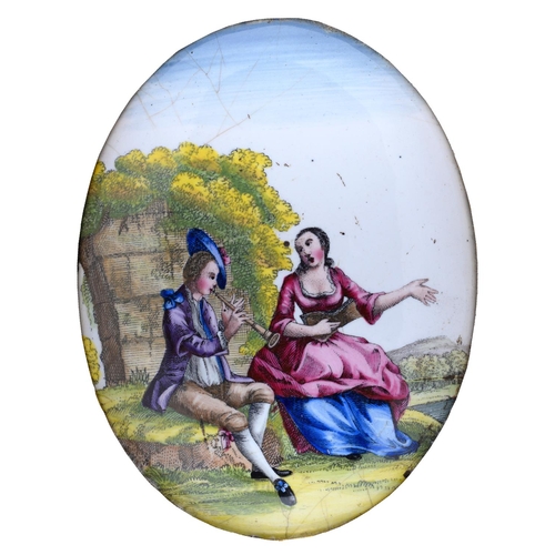 70 - AN ENGLISH ENAMEL PLAQUE, PROBABLY BIRMINGHAM, C1770  slightly convex, printed and painted with a la... 