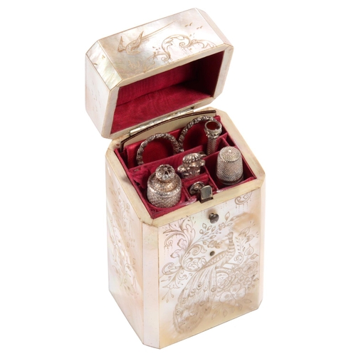 76 - A VICTORIAN MOTHER OF PEARL NECESSAIRE, c1840engraved with peafowl and flowers, the pink silk lined ... 