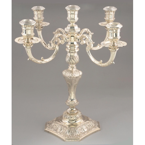 84 - AN MAGNIFICENT CANADIAN SILVER TESTIMONIAL CANDELABRUM OF FIVE LIGHTS on four acanthus capped, hippe... 