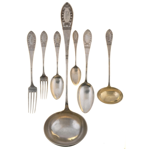 93 - A GERMAN SILVER TABLE SERVICE of pointed, fluted design with laurels and bow, including fish servers... 