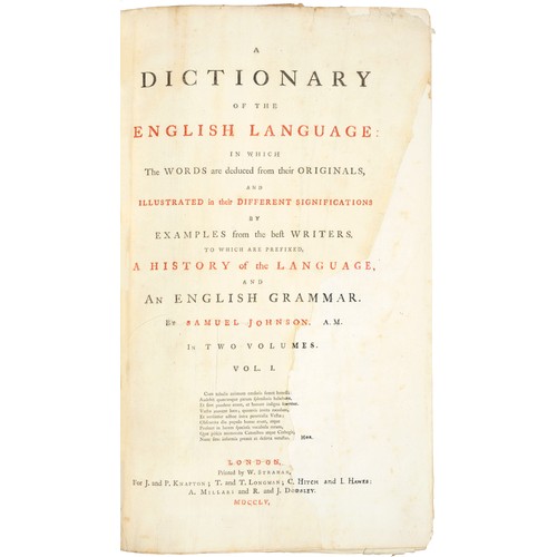 693 - JOHNSON, SAMUEL A DICTIONARY OF THE ENGLISH LANGUAGE London, J and P Knapton [and others], 1755, fir... 