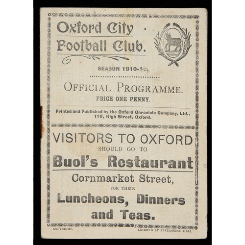 842 - FOOTBALL PROGRAMME. OXFORD CITY FC  SEASON 1910-11  16pp