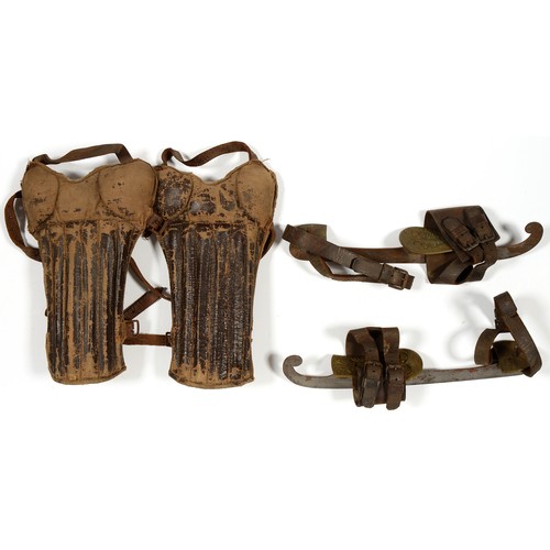 848 - SPORTING INTEREST.  A PAIR OF VICTORIAN STEEL, BRASS AND LEATHER ICE SKATES, LATE 19TH C   with orna... 