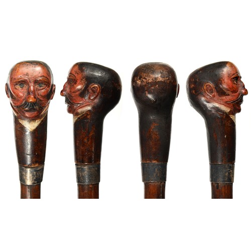 838 - PRIZE FIGHTING.  AN EXTRAORDINARY VICTORIAN CARVED AND POLYCHROME PAINTED WOOD WALKING CANE, NOTTING... 