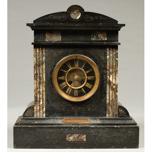 847 - FOOTBALL INTEREST.  A FRENCH ARCHITECTURAL STYLE BELGE NOIR AND MARBLE MANTEL CLOCK, C1880 the cavet... 