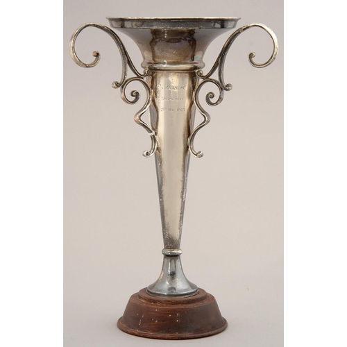 188 - MARITIME INTEREST. A GEORGE V SILVER THREE HANDLED VASE OF TRUMPET SHAPE, ENGRAVED S/S RADNOR LAUNCH... 