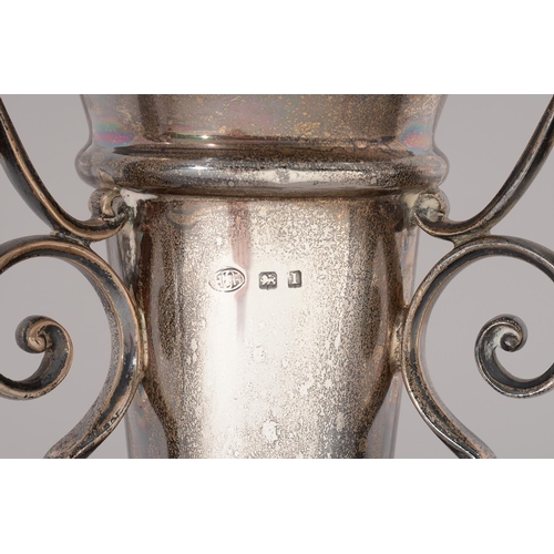 188 - MARITIME INTEREST. A GEORGE V SILVER THREE HANDLED VASE OF TRUMPET SHAPE, ENGRAVED S/S RADNOR LAUNCH... 