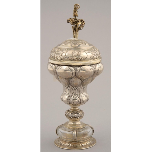 190 - A GERMAN SILVER GILT PINEAPPLE GAMING CUP AND COVER, LATE 19TH C IN 16TH C STYLE, ON GLASS MOUNTED F... 