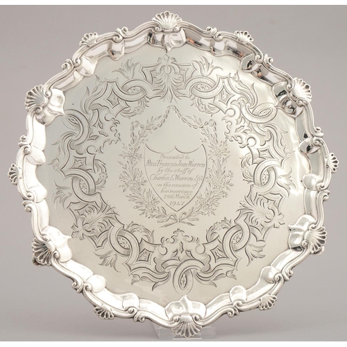 199 - A GEORGE III SILVER SALVER, THE BORDER OF 'C' AND 'S' SCROLLS WITH SHELLS, ON THREE HOOFED FEET, LAT... 