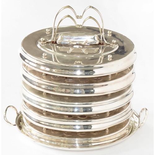 209 - WHISKY. AN OVAL EPNS MULTI-TIER TOT STACK, ON TWO HANDLED TRAY, 41CM H