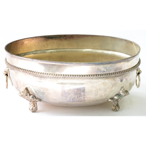 216 - A VICTORIAN EPNS DISH COVER WITH GADROONED RIM, ADAPTED AS A JARDINIERE WITH RING HANDLES ON SCROLL ... 