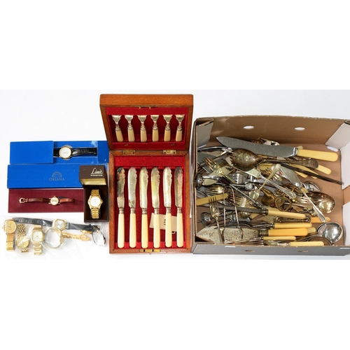 217 - MISCELLANEOUS PLATED FLATWARE, ETC AND A QUANTITY OF MODERN FASHION WATCHES