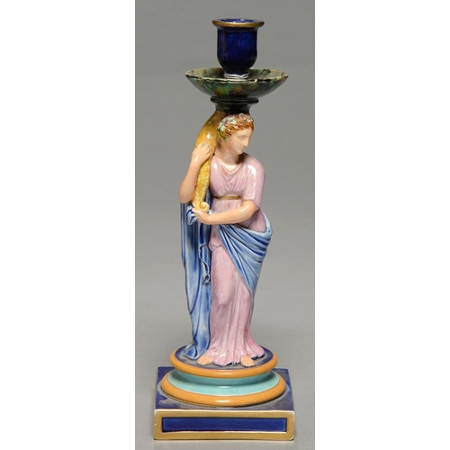 221 - A WEDGWOOD FIGURAL MAJOLICA CANDLESTICK, C1870, IN THE FORM OF CERES, ON SQUARE BASE, 47CM H, IMPRES... 